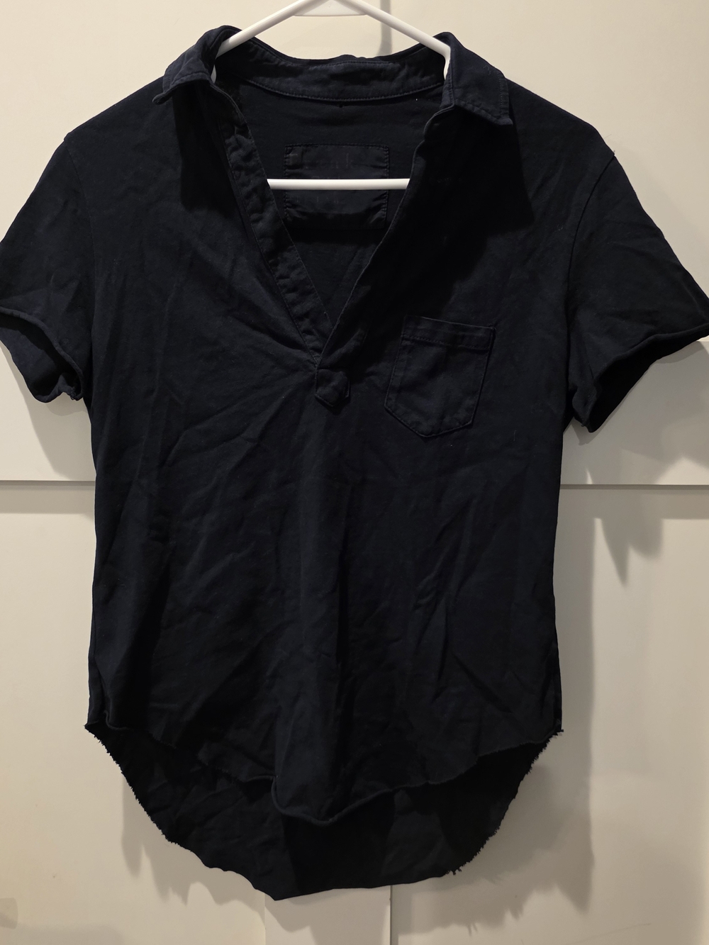 Frank & Eileen Charlotte Perfect Polo tee lab shirt Navy curved raw hem XS Flaw